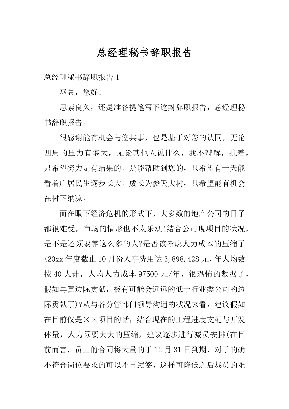 总经理秘书辞职报告精选.docx_第1页