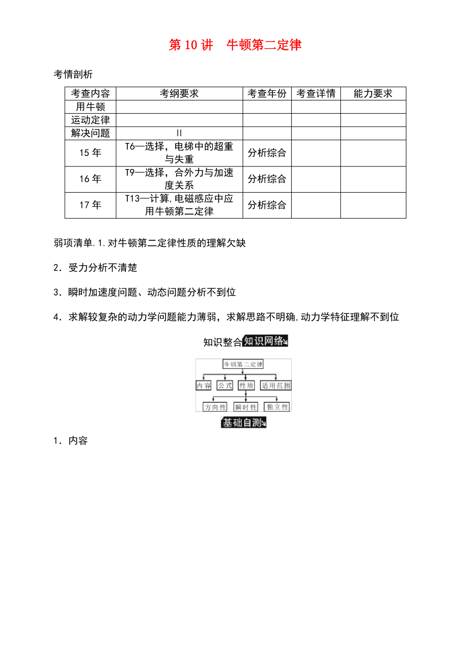 (江苏专版)2019年高考物理总复习 第10讲 牛顿第二定律讲义.pdf_第1页