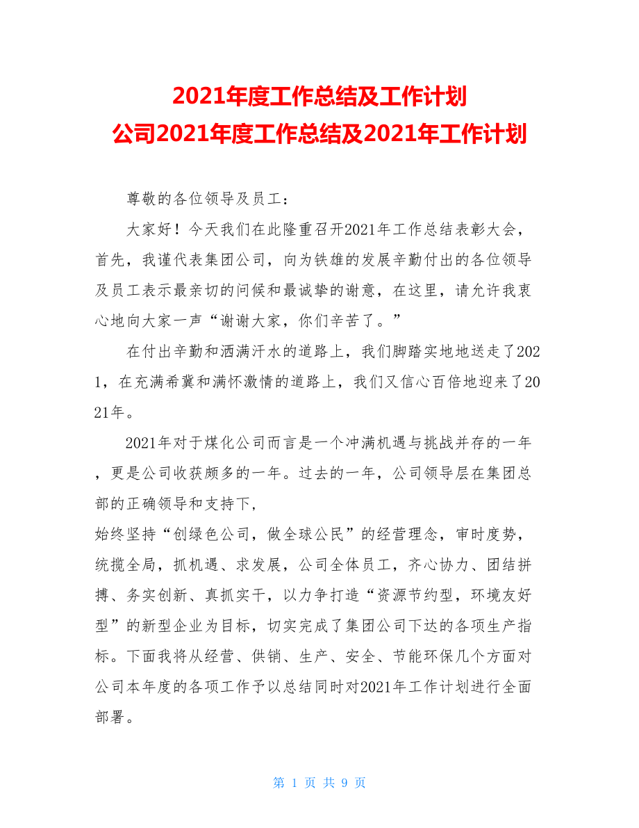 2021年度工作总结及工作计划 公司2021年度工作总结及2021年工作计划 .doc_第1页