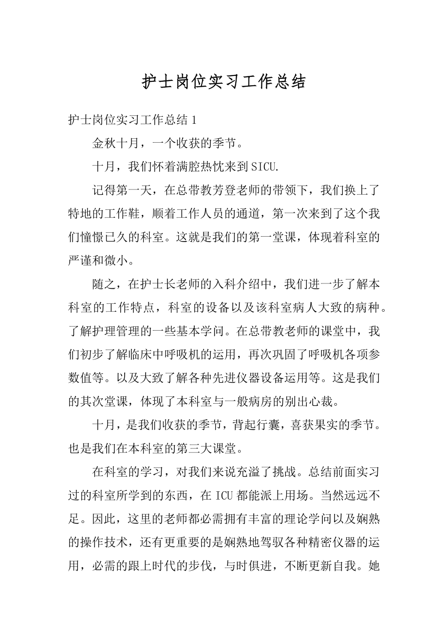 护士岗位实习工作总结例文.docx_第1页