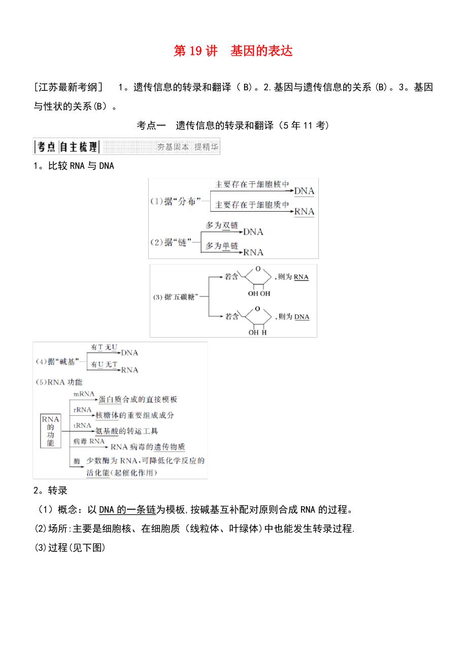 (江苏专用)2019版高考生物大一轮复习 第6单元 遗传的分子基础 第19讲 基因的表达学案.pdf_第1页