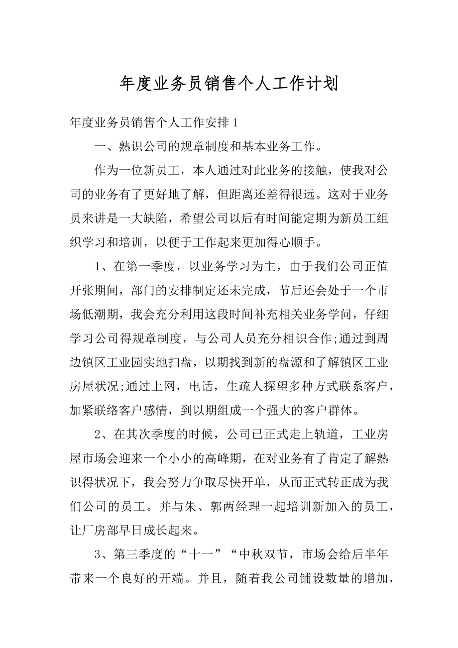 年度业务员销售个人工作计划精品.docx_第1页