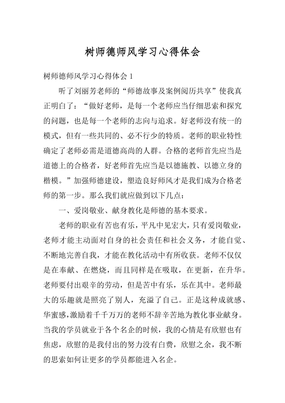 树师德师风学习心得体会优质.docx_第1页