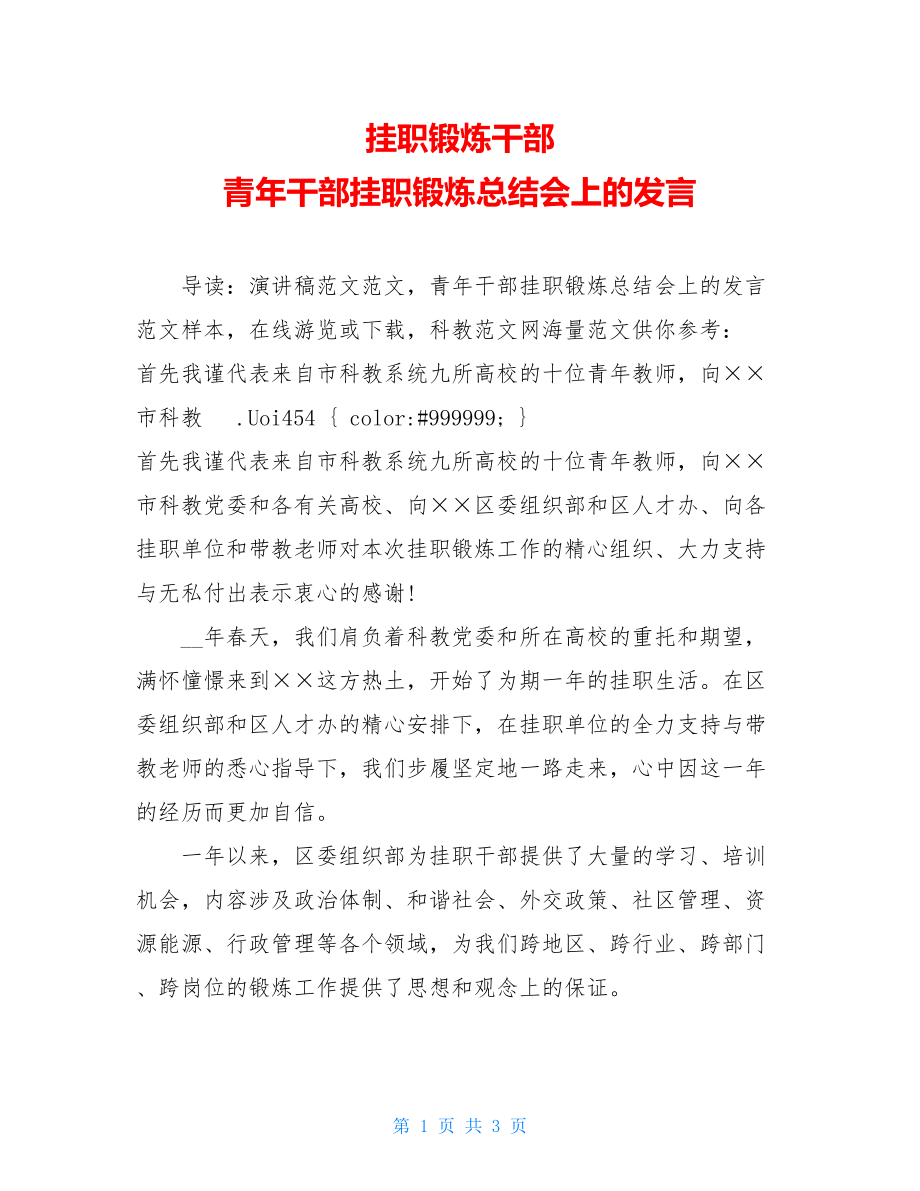 挂职锻炼干部 青年干部挂职锻炼总结会上的发言.doc_第1页