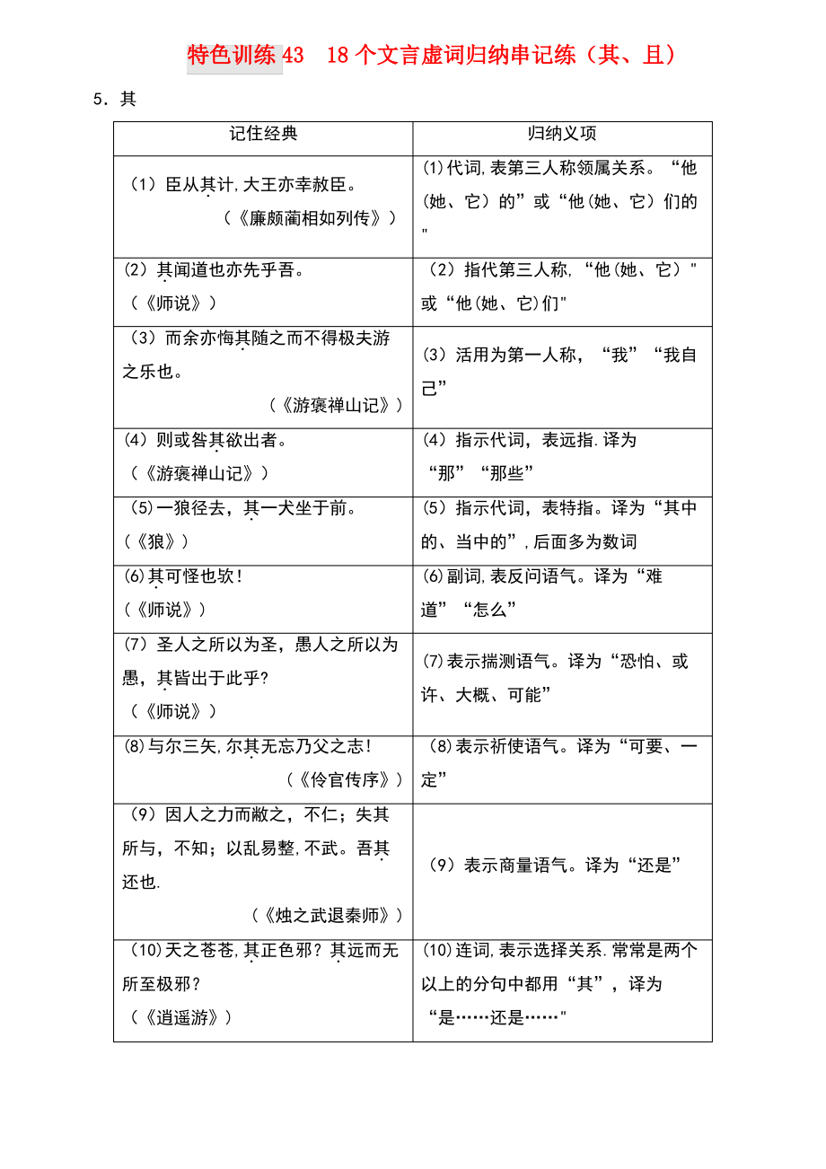 (通用版)2018-2019学年高三语文一轮复习 特色训练43 18个文言虚词归纳串记练(其、且).pdf_第1页