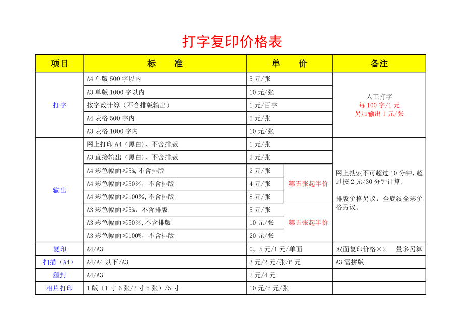 文印店收费标价格表.doc_第1页