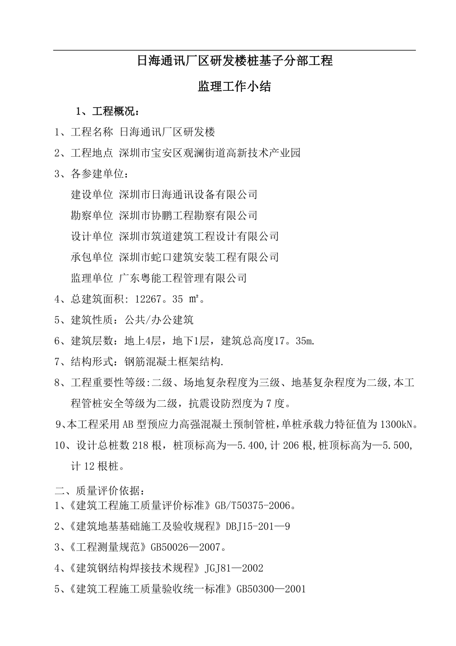 日海工程质量监理评估报告(桩基子分部).doc_第1页