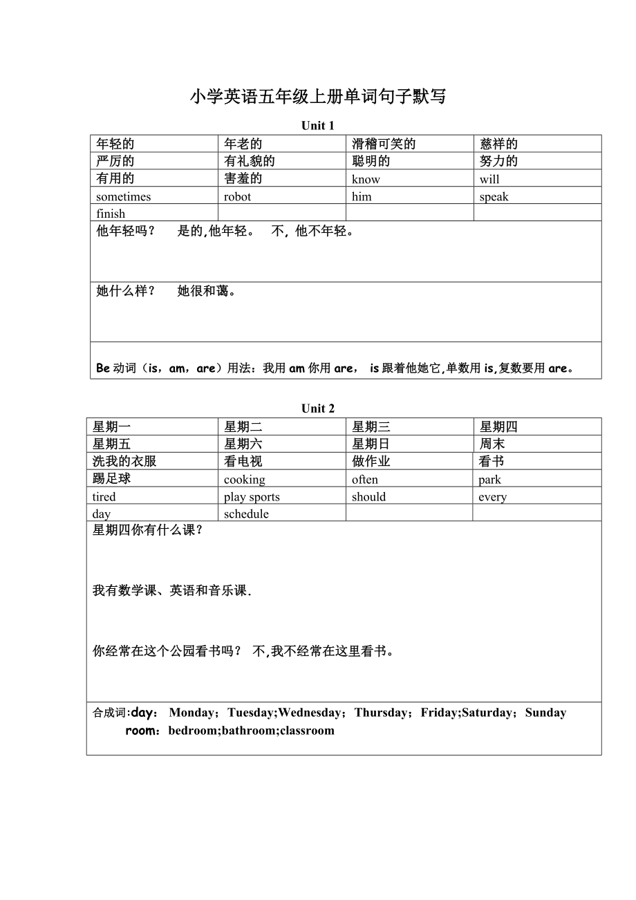 小学英语五年级上册单词句子默写(带表格和总结).doc_第1页