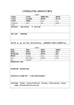 小学英语五年级上册单词句子默写(带表格和总结).doc