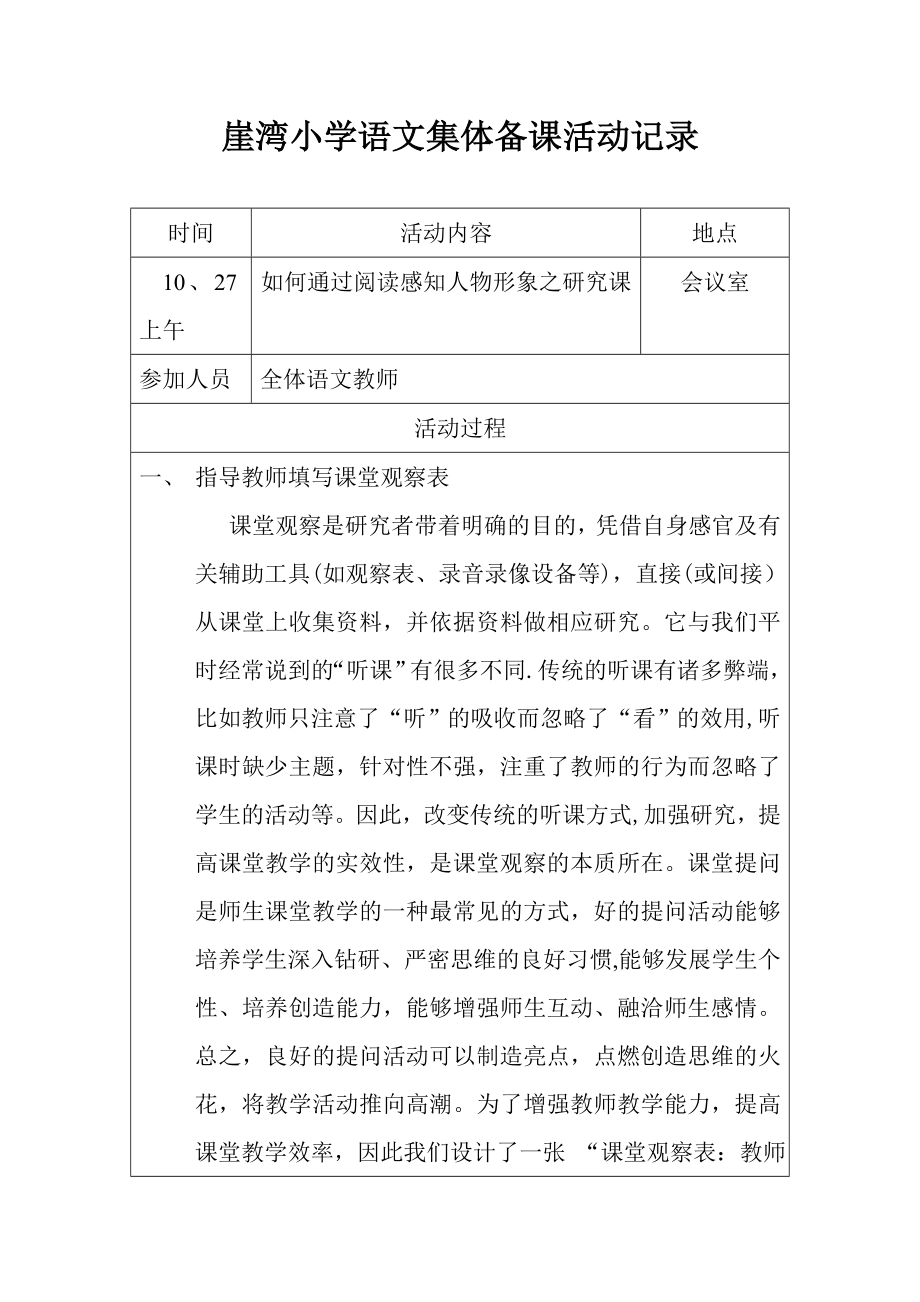 小学语文集体备课活动记录60692.doc_第1页