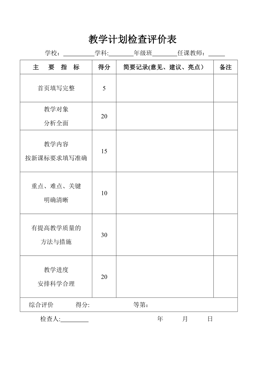 教学计划检查评价表.doc_第1页