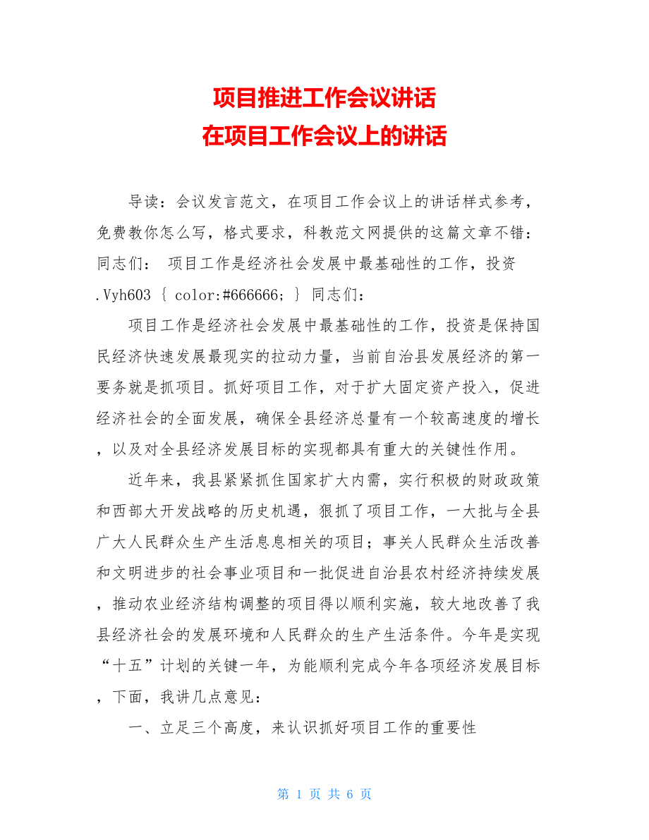 项目推进工作会议讲话 在项目工作会议上的讲话 .doc_第1页