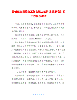 县长在全县粮食工作会议上的讲话-县长在财政工作会议讲话.doc