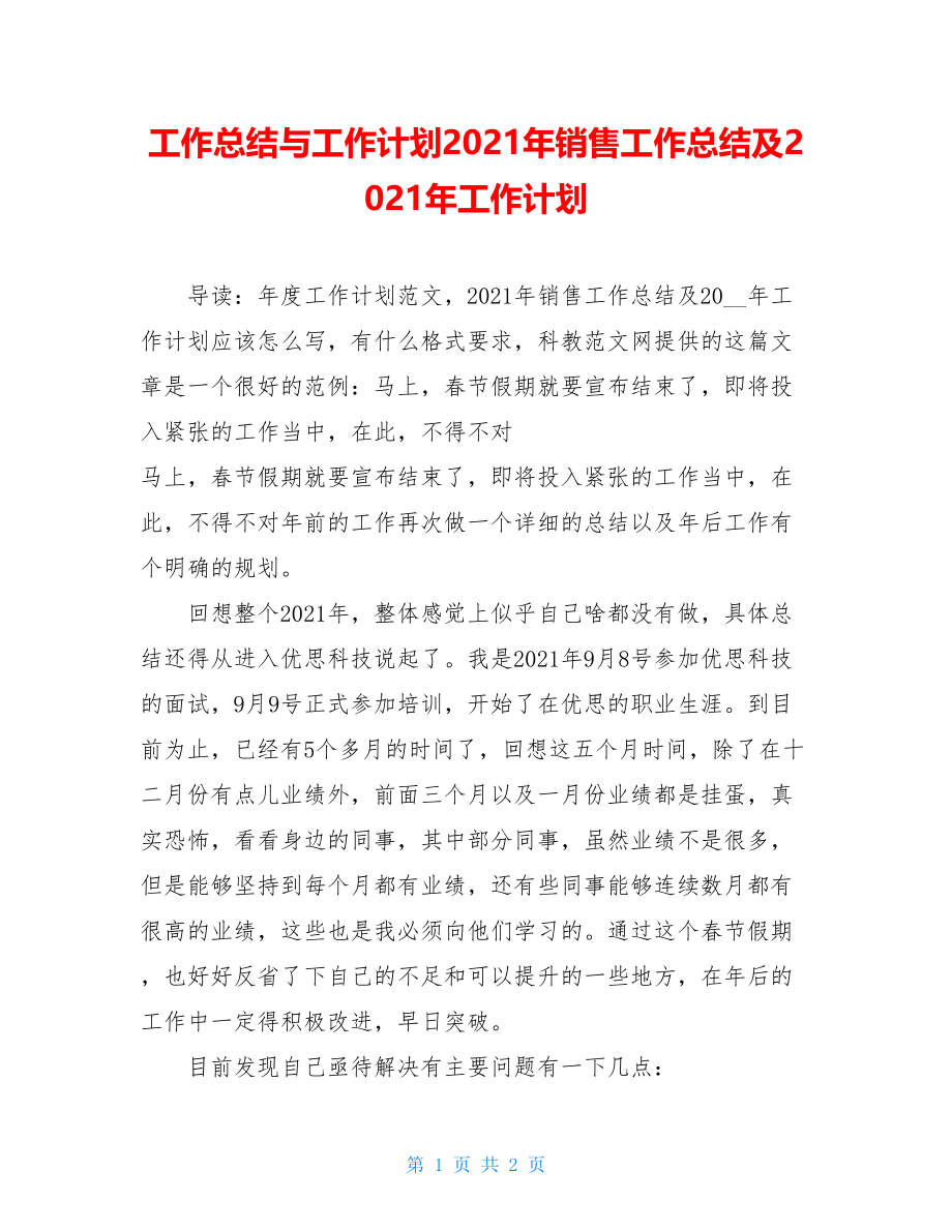 工作总结与工作计划2021年销售工作总结及2021年工作计划.doc_第1页