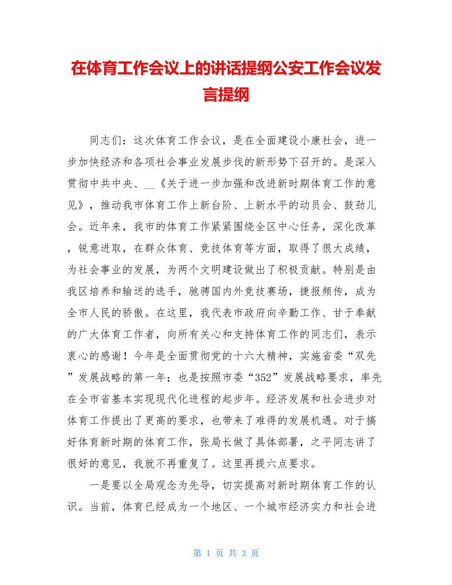 在体育工作会议上的讲话提纲公安工作会议发言提纲.doc_第1页