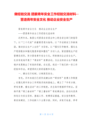 做经验交流 团委青年安全工作经验交流材料--营造青年安全文化 推动企业安全生产 .doc