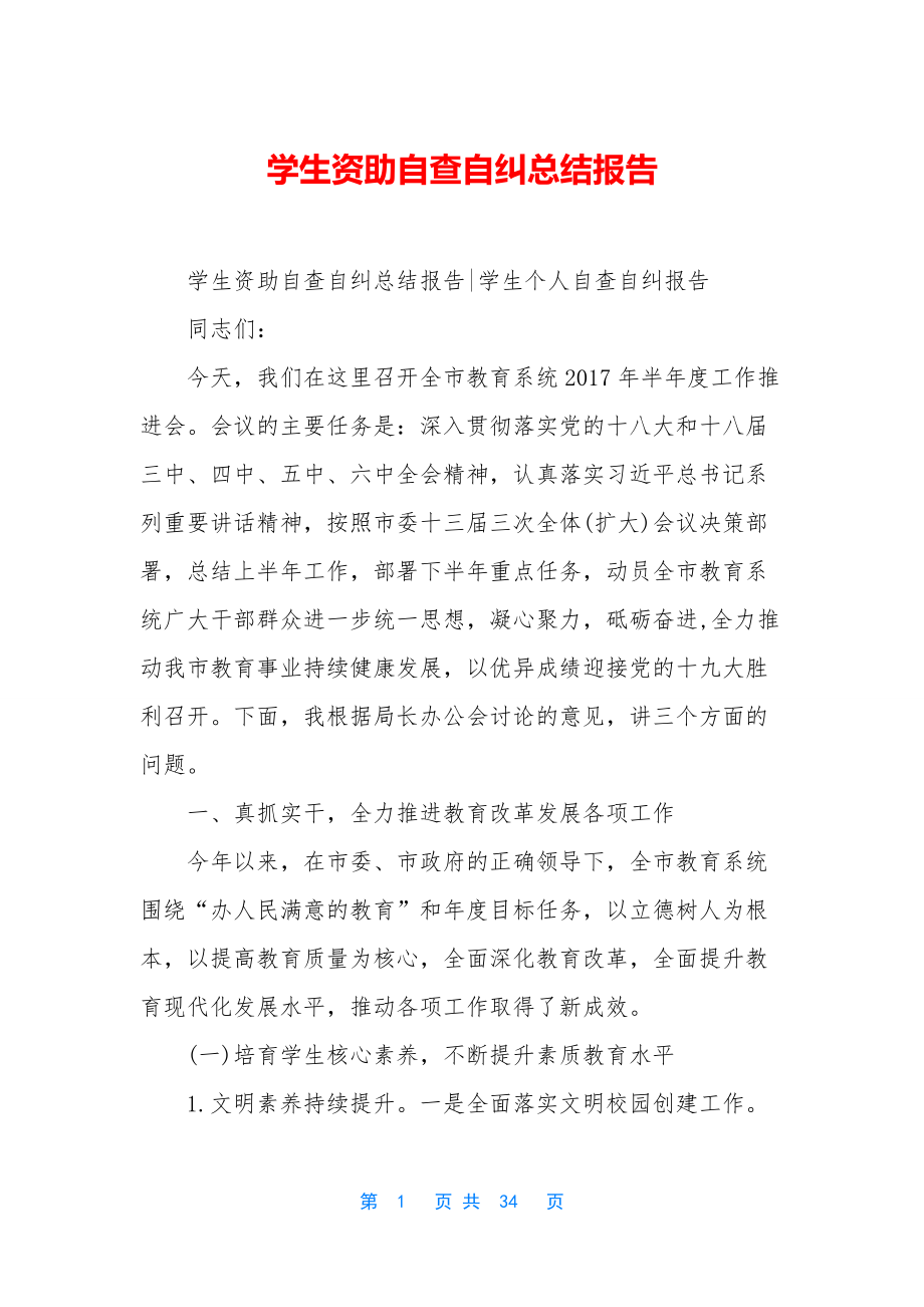 学生资助自查自纠总结报告.docx_第1页