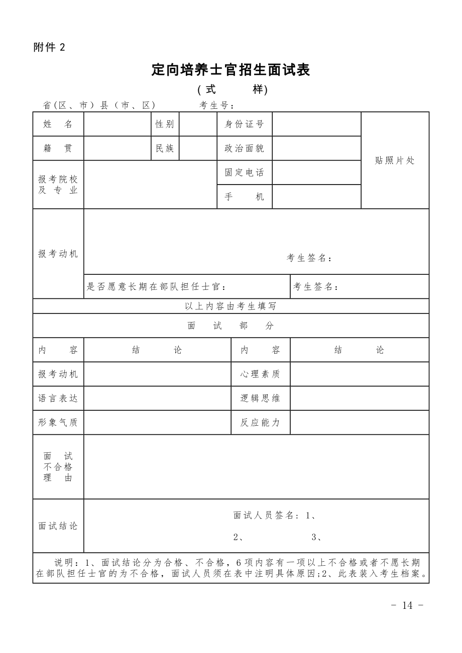 定向培养士官招生面试表.doc_第1页