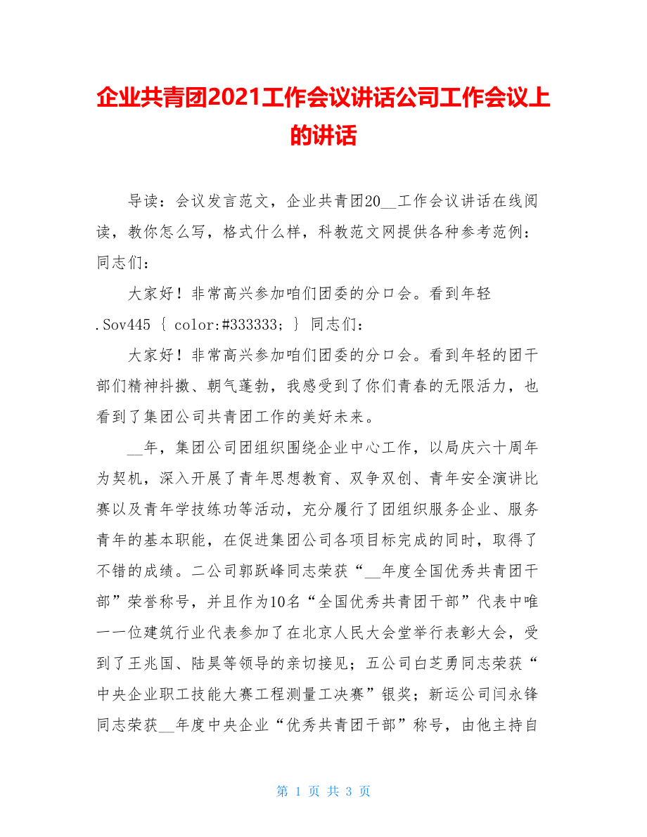 企业共青团2021工作会议讲话公司工作会议上的讲话.doc_第1页