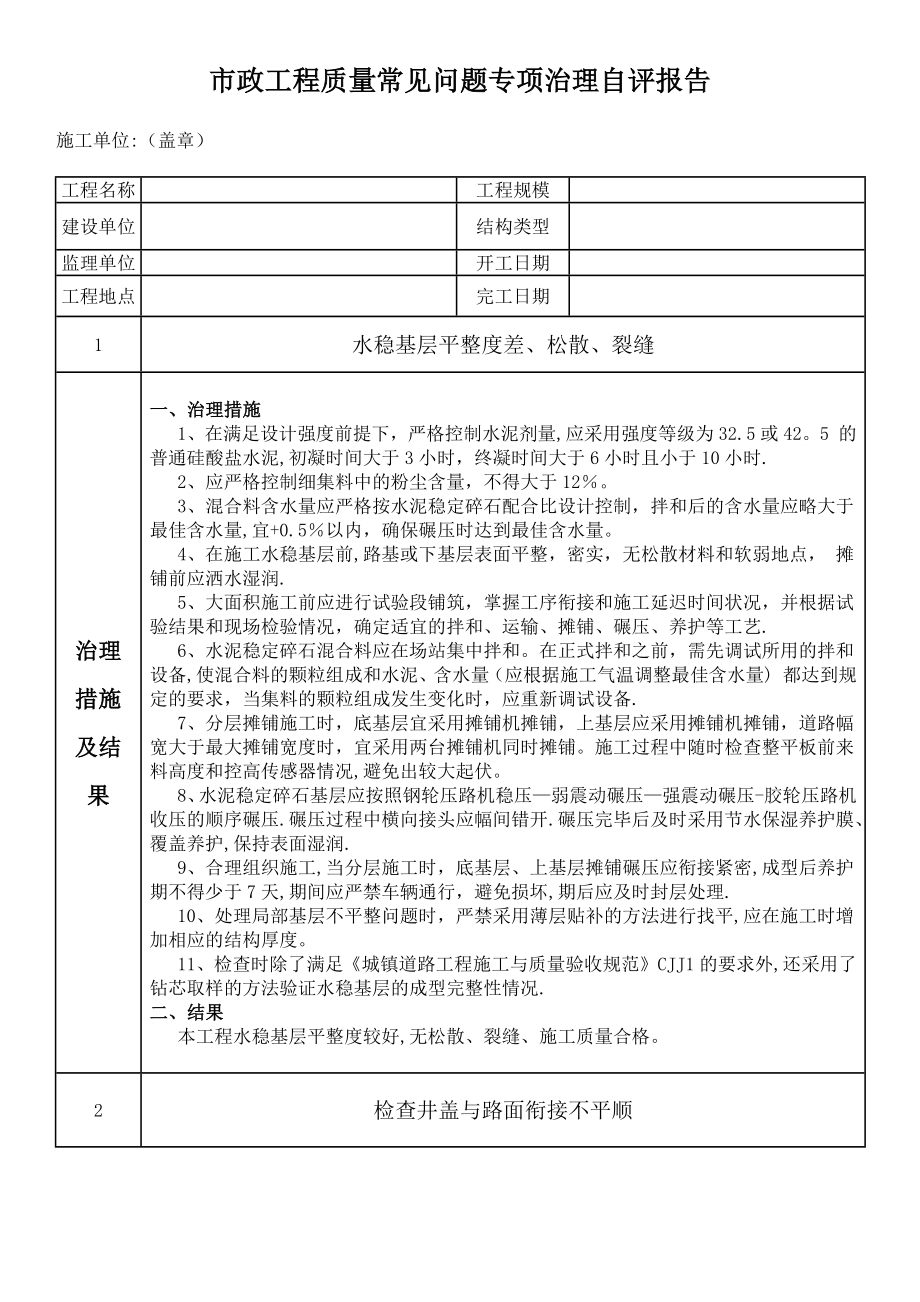 施工)市政工程质量常见问题专项治理自评报告)()(1).doc_第1页