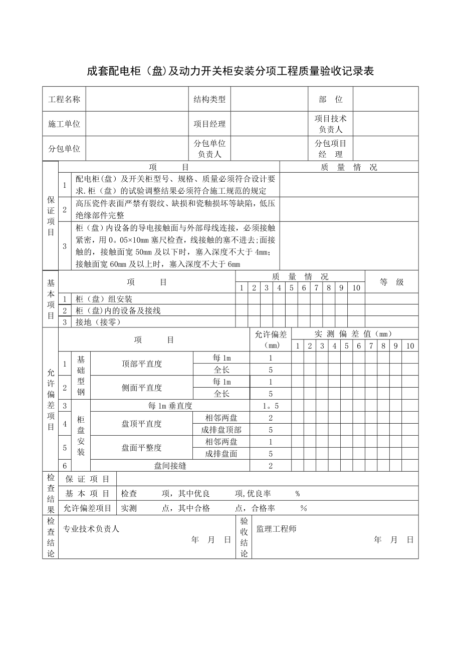 成套配电柜(盘)及动力开关柜安装分项工程质量验收记录表.doc_第1页