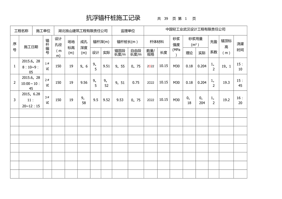 抗浮锚杆桩施工记录(1).doc_第1页