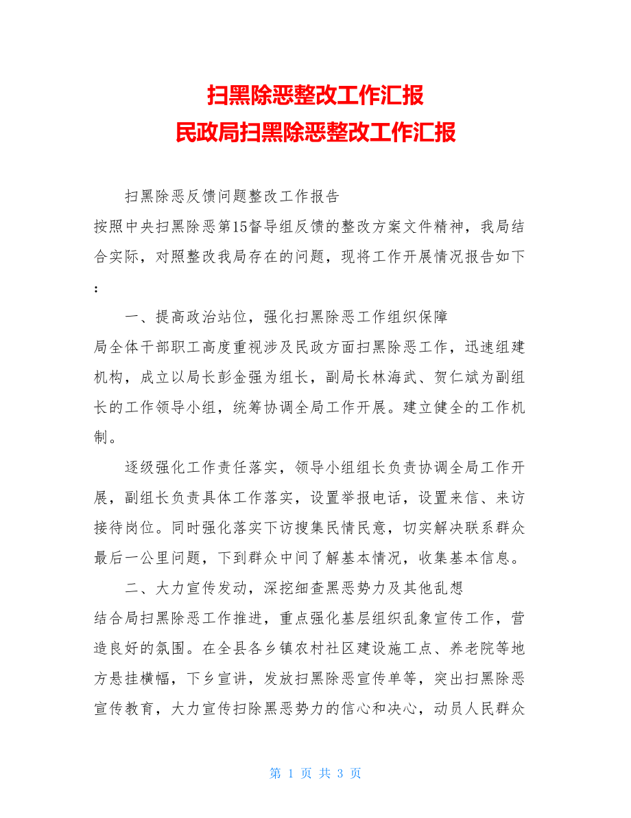 扫黑除恶整改工作汇报 民政局扫黑除恶整改工作汇报.doc_第1页