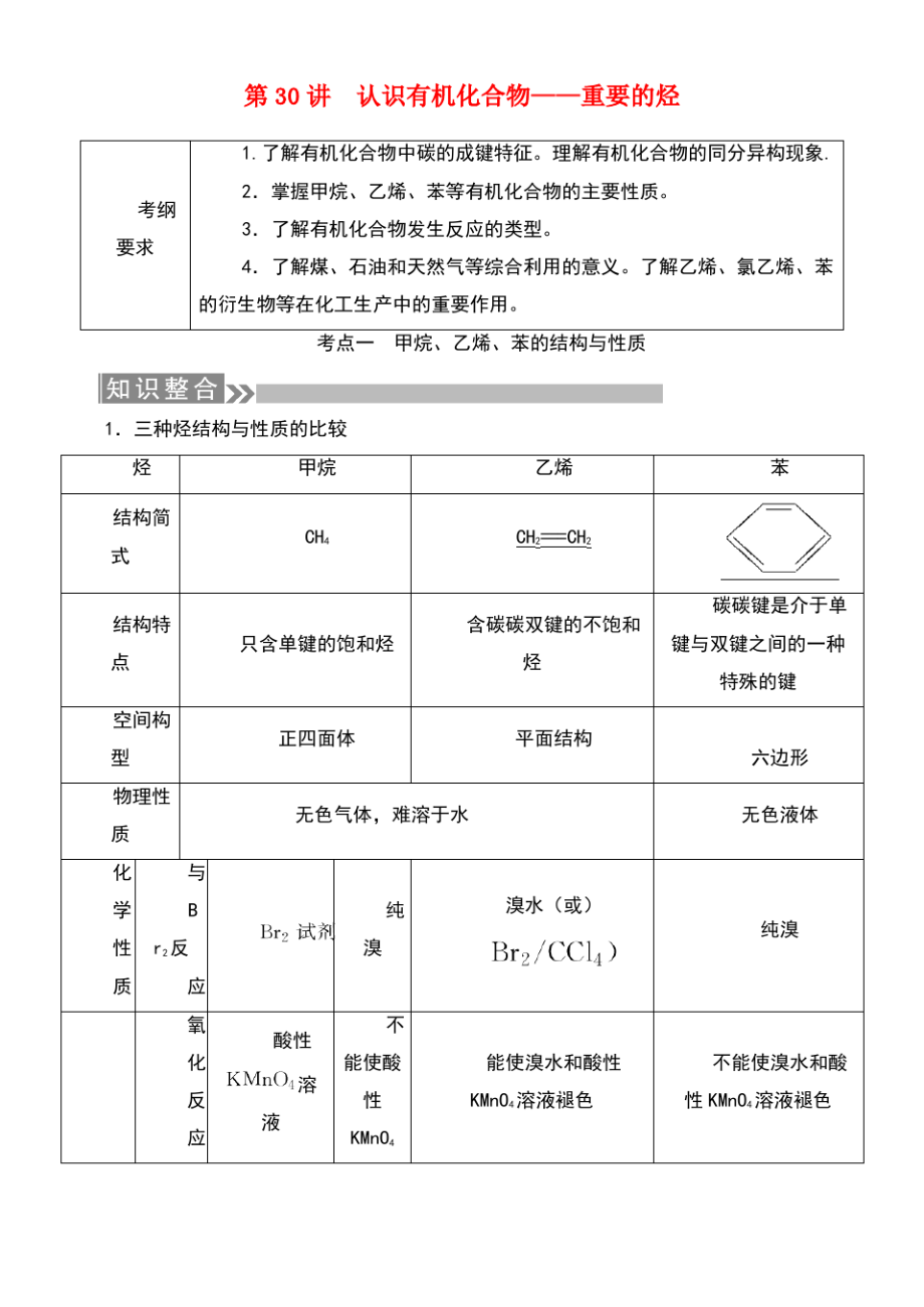 (通用版)2019版高考化学微一轮复习 第30讲 认识有机化合物——重要的烃学案.pdf_第1页