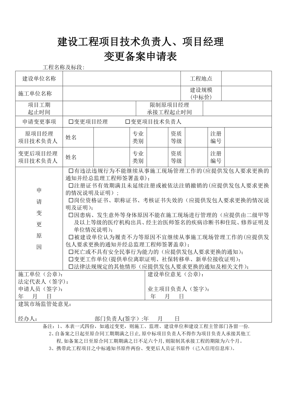 建设工程项目技术负责人、项目经理变更备案申请表.doc_第1页