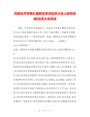 在新生开学典礼暨新生军训动员大会上的讲话稿-动员大会讲话.doc