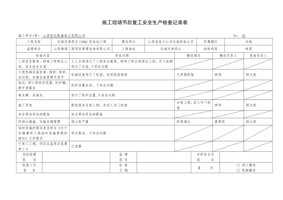 施工现场节后复工安全生产检查记录表.doc_第1页