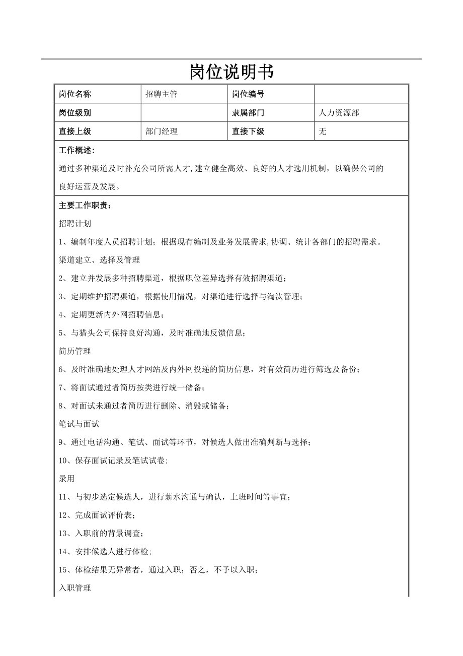 招聘主管岗位职责、岗位说明书.doc_第1页