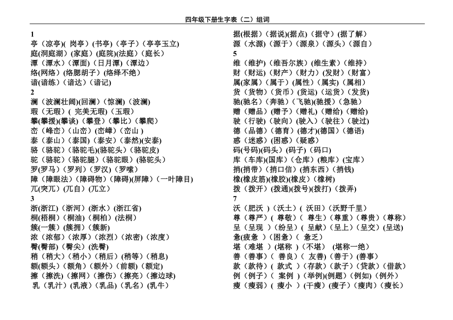 新课标人教版四年级语文下册生字表二组词.doc_第1页