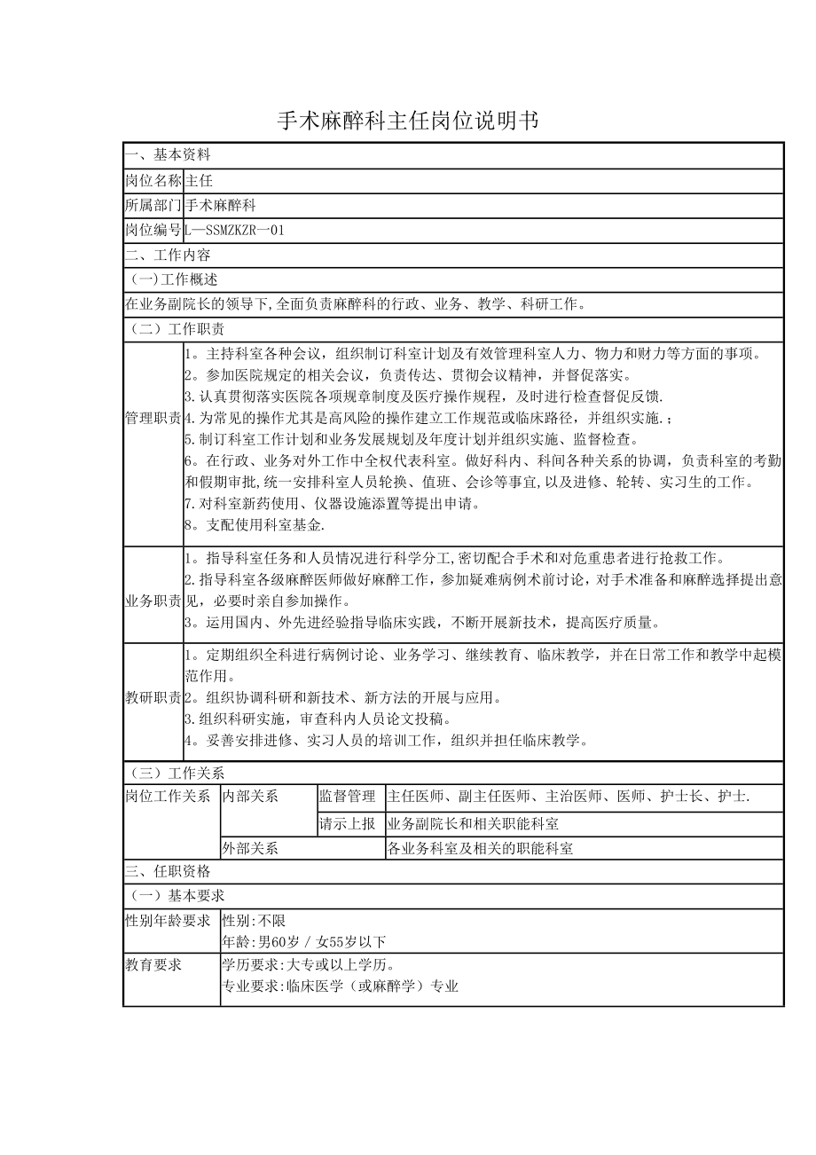 手术麻醉科岗位说明书.doc_第1页