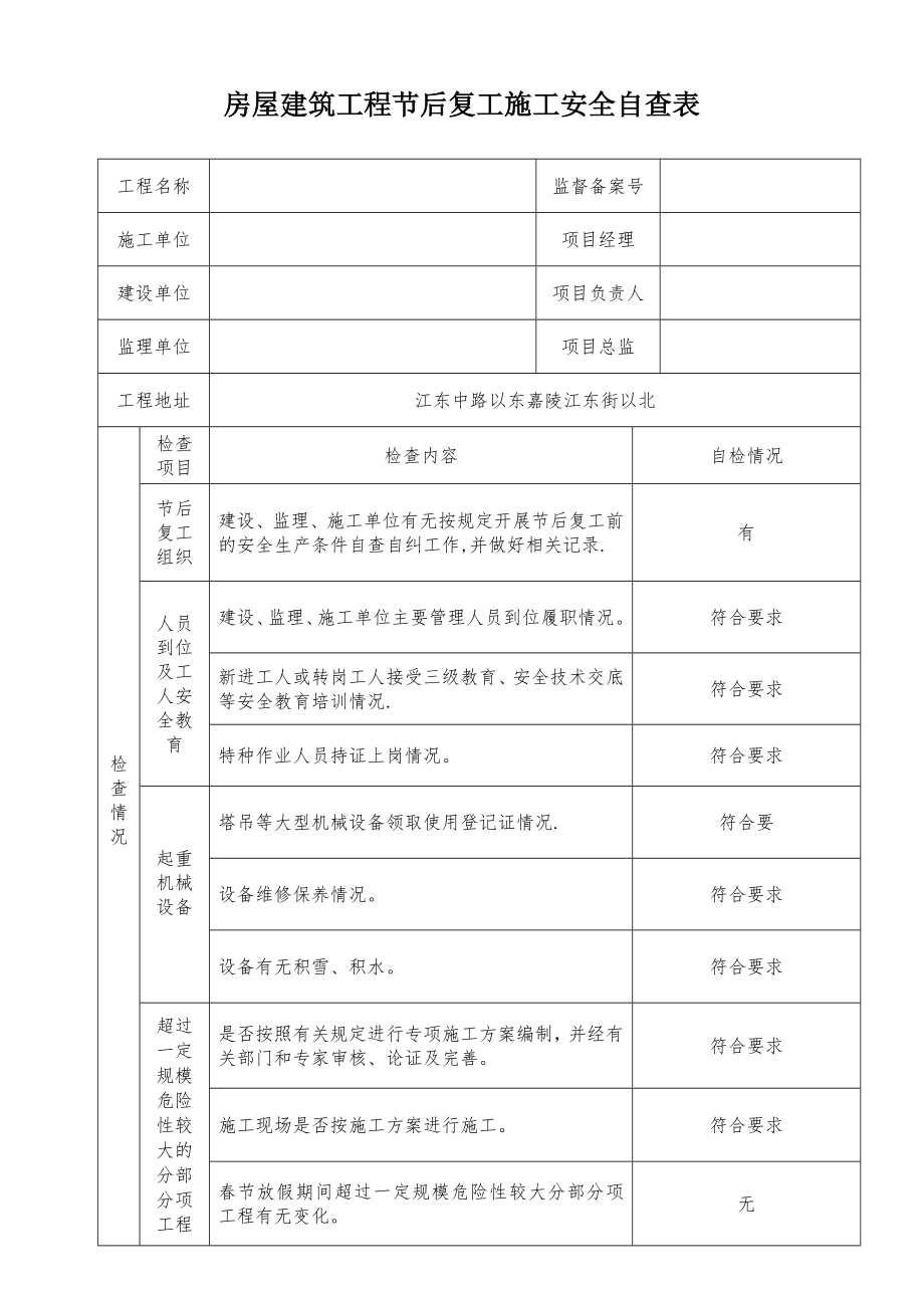 房屋建筑工程节后复工安全自查表.doc_第1页