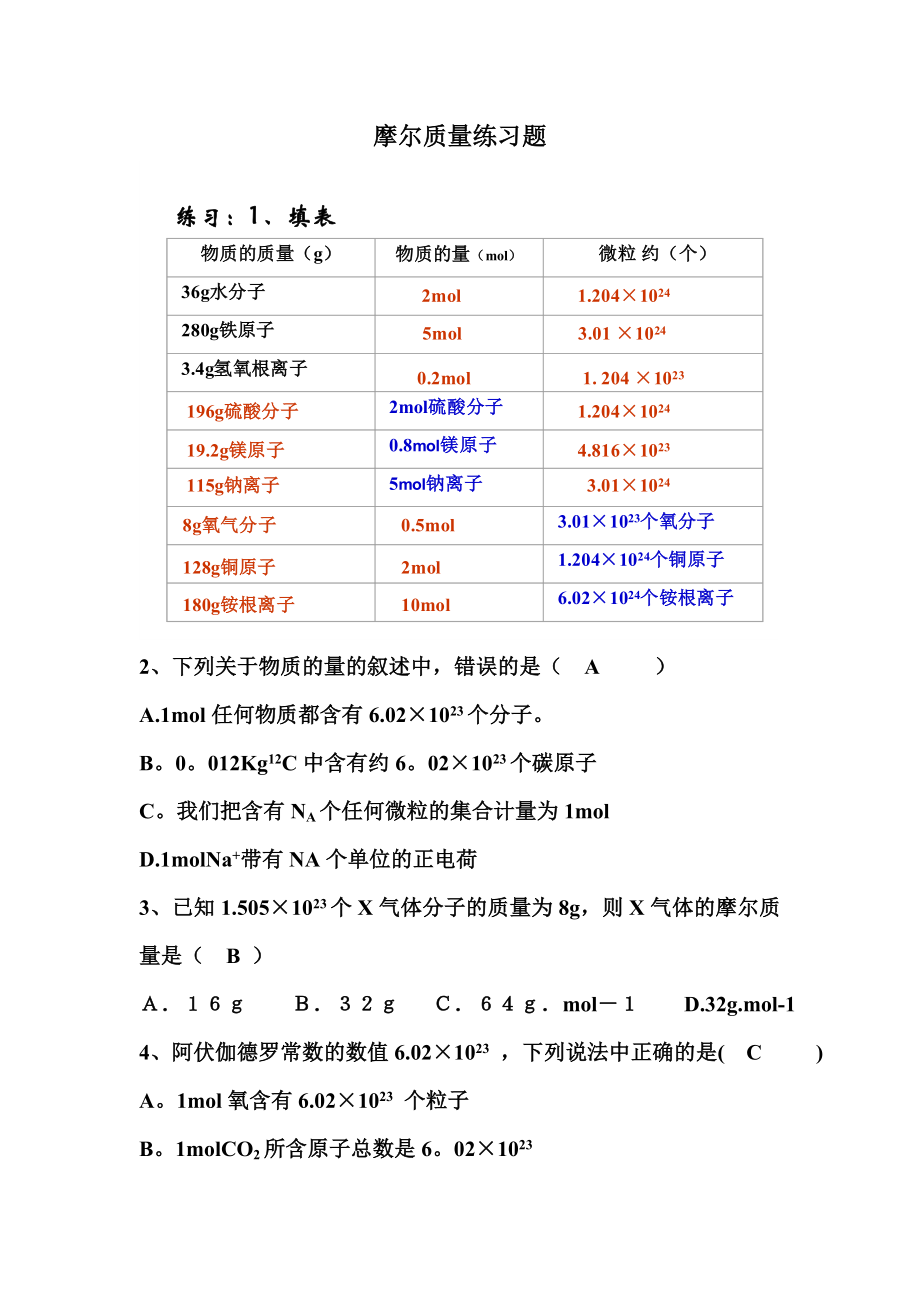 摩尔质量练习-含答案.doc_第1页