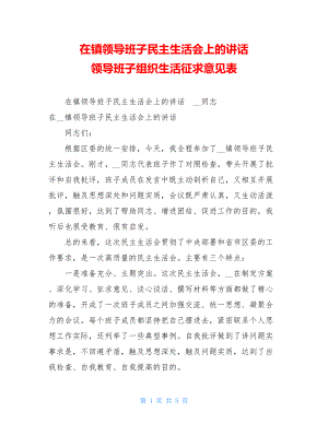 在镇领导班子民主生活会上的讲话 领导班子组织生活征求意见表.doc