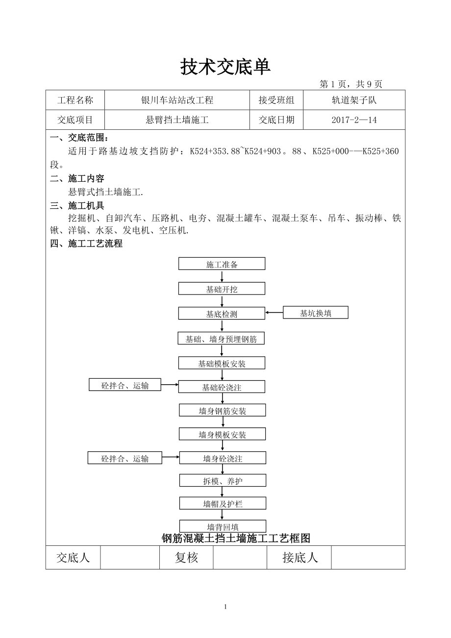 悬臂式挡土墙施工技术交底.doc_第1页