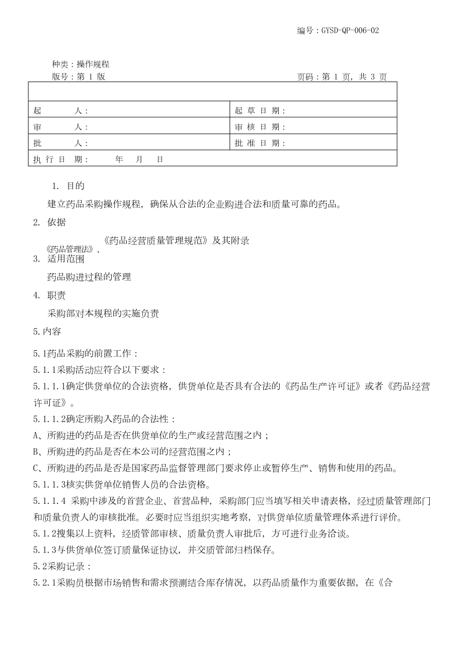 药品采购管理操作规程.docx_第1页