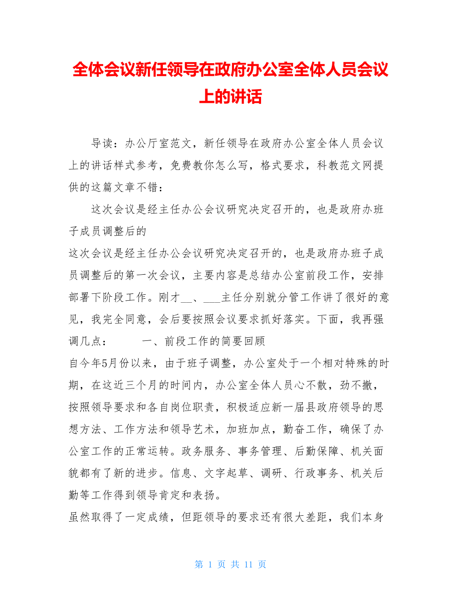 全体会议新任领导在政府办公室全体人员会议上的讲话.doc_第1页