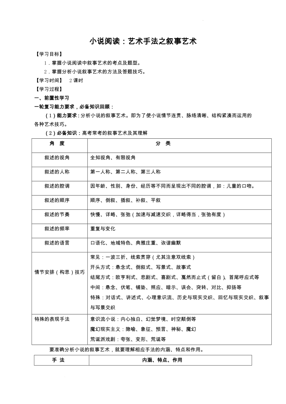 高考语文二轮复习小说阅读之叙事艺术学案.docx_第1页