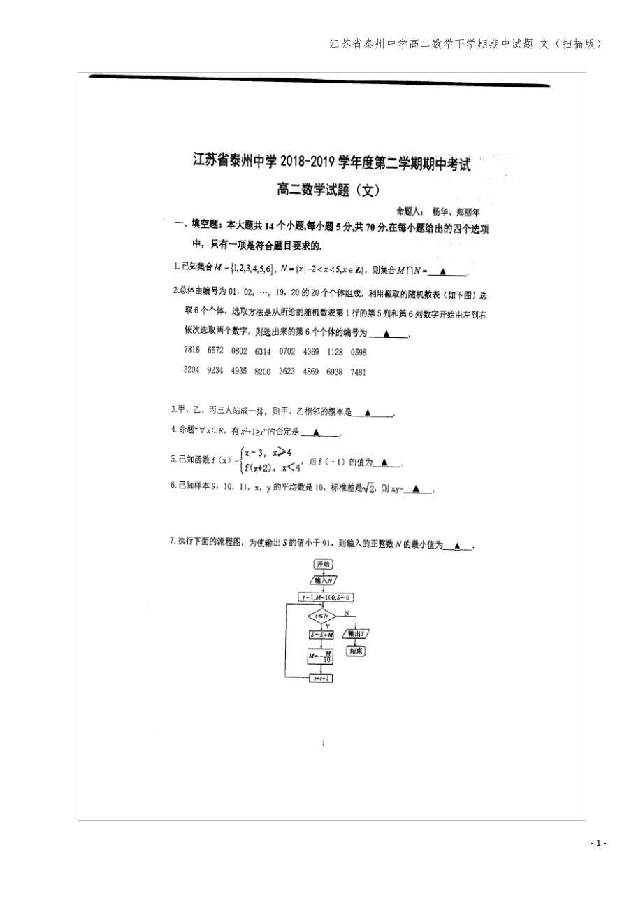 江苏省泰州中学高二数学下学期期中试题 文(扫描版).pdf_第1页