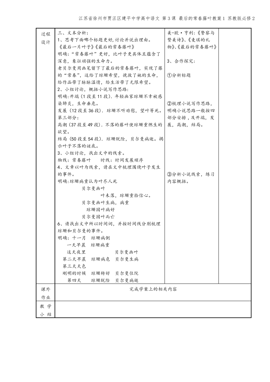 江苏省徐州市贾汪区建平中学高中语文 第3课 最后的常春藤叶教案1 苏教版必修2.pdf_第2页