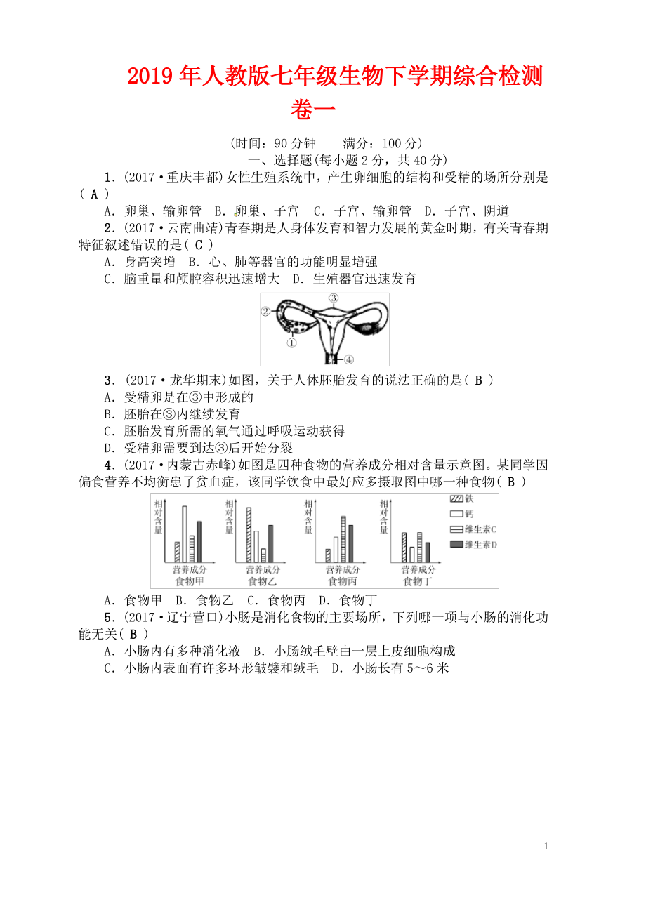 七年级生物下学期综合检测卷一新人教版.pdf_第1页