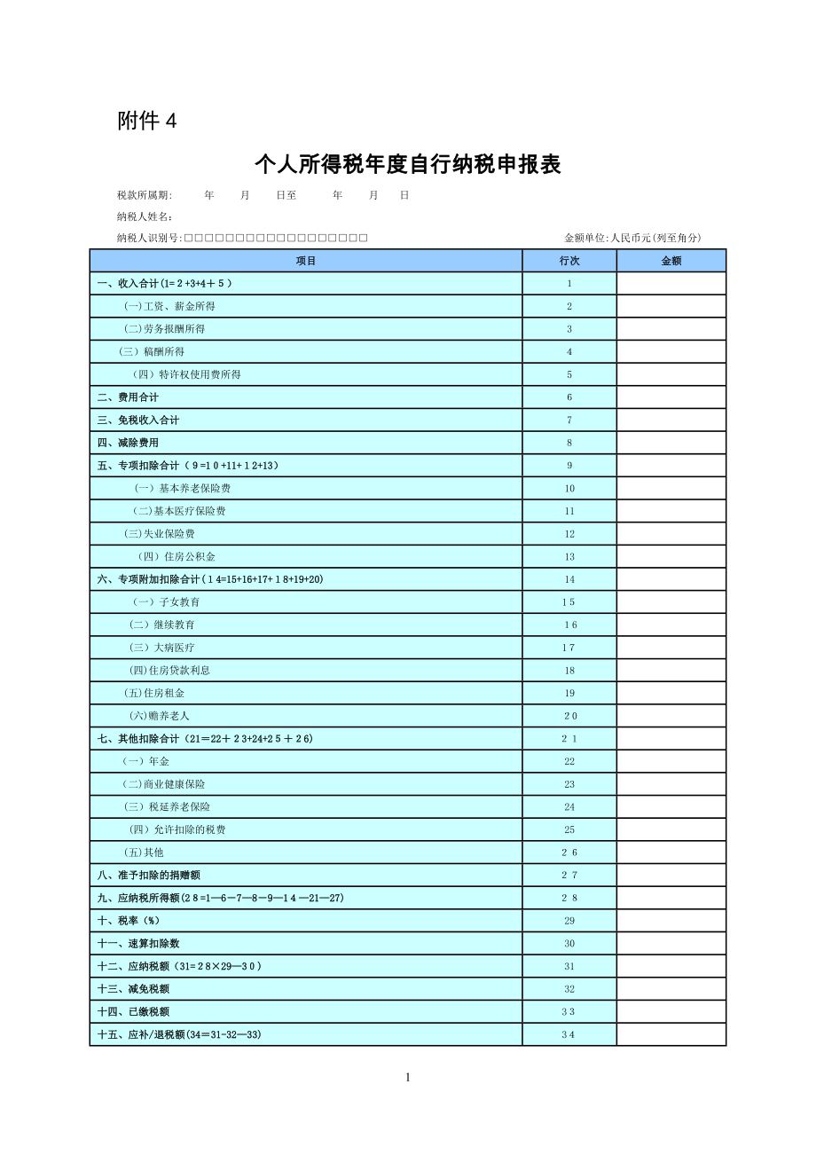 个人所得税年度自行纳税申报表(2019版)【可编辑范本】.doc_第1页