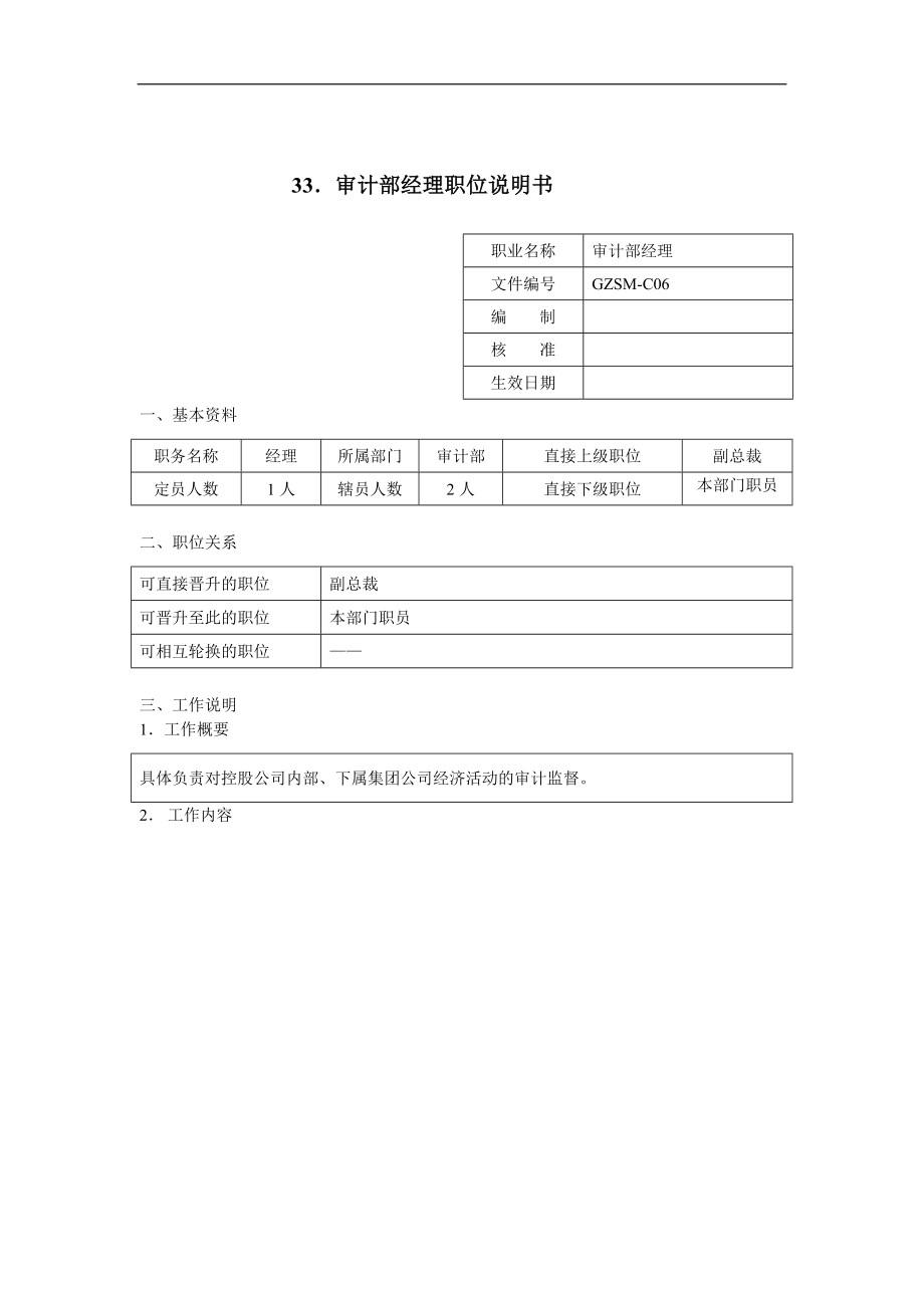 审计部经理职位说明书（DOC 2页）.docx_第1页