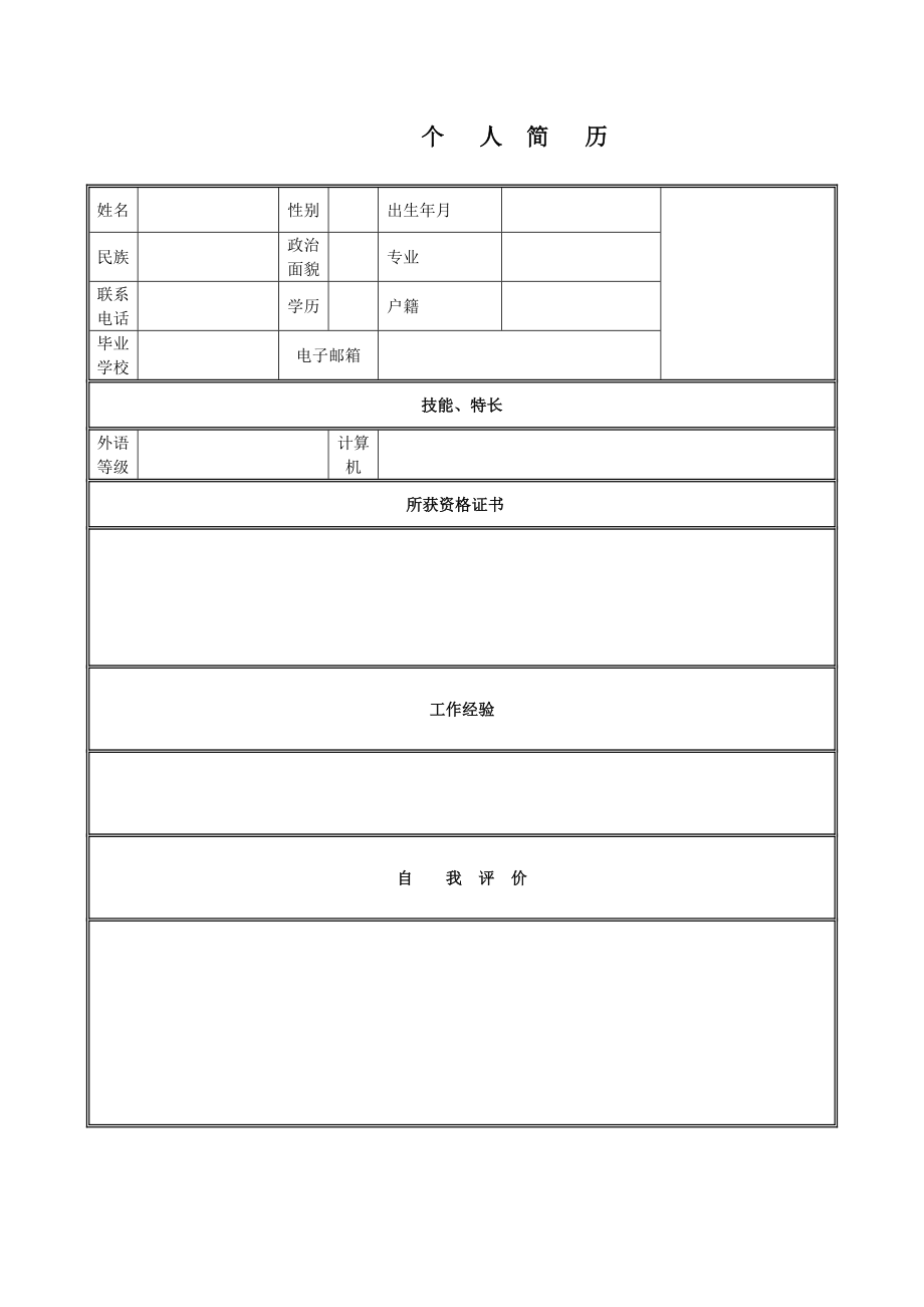 个人简历模板下载-个人简历表格模板-个人简历空白表格30095【可编辑范本】.doc_第1页