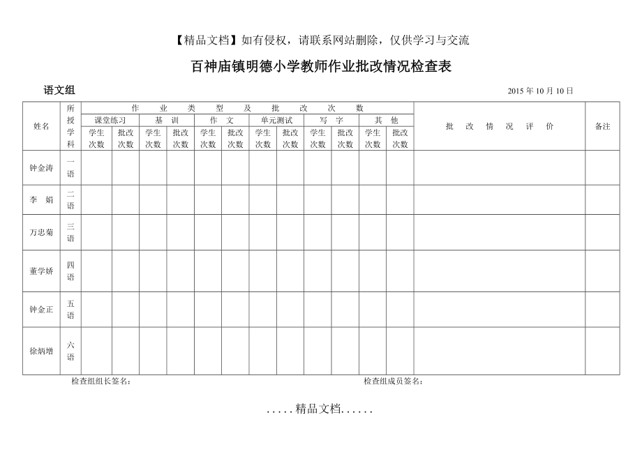 百神庙镇明德小学教师作业批改情况检查表.doc_第2页