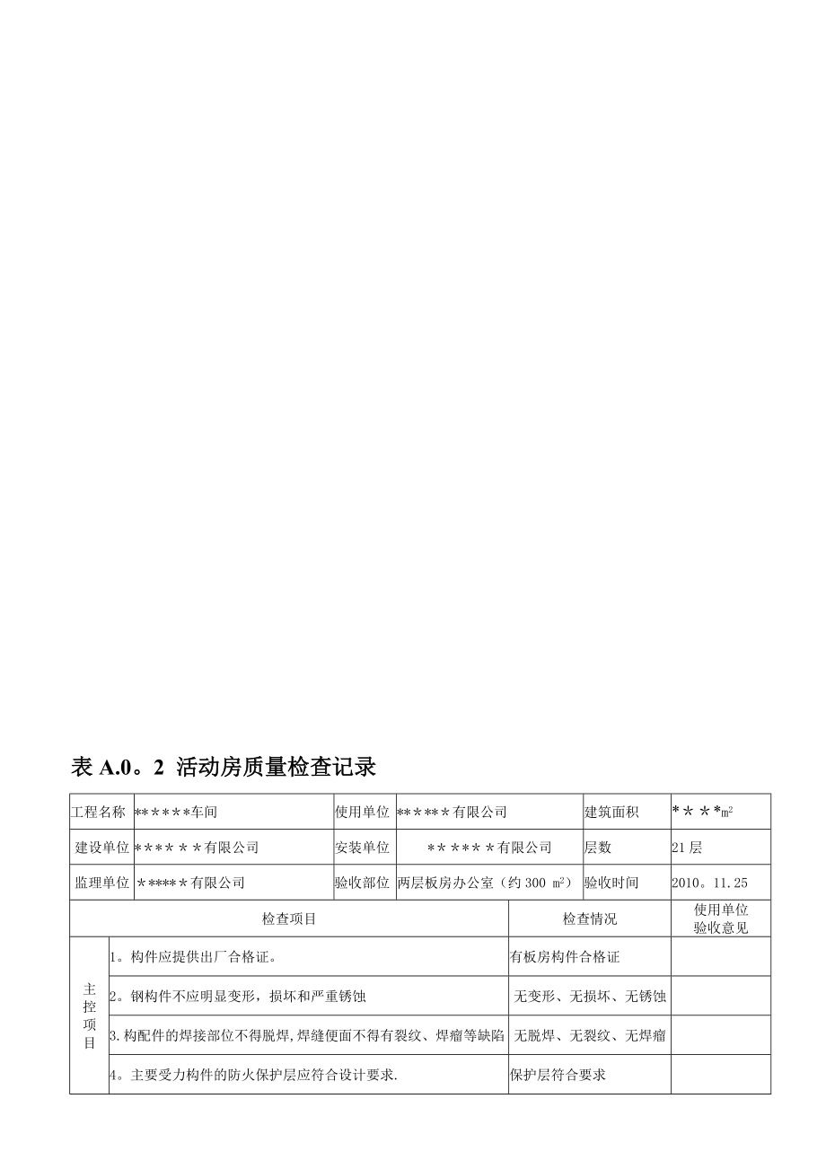 临时设施活动板房验收记录表【模板范本】.doc_第1页