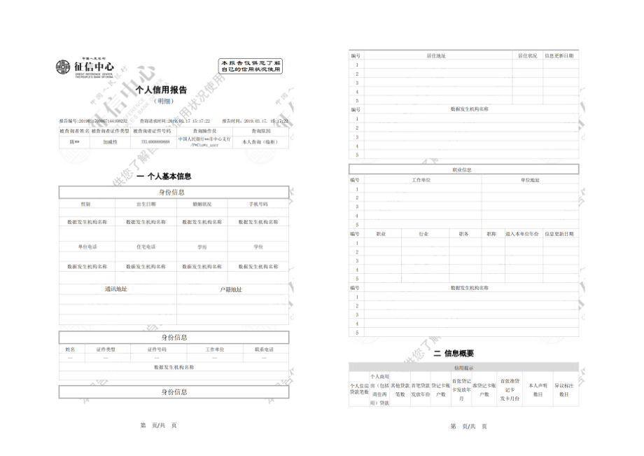 个人征信报告模板征信报告模板(2019带水印)【可编辑范本】.doc_第1页